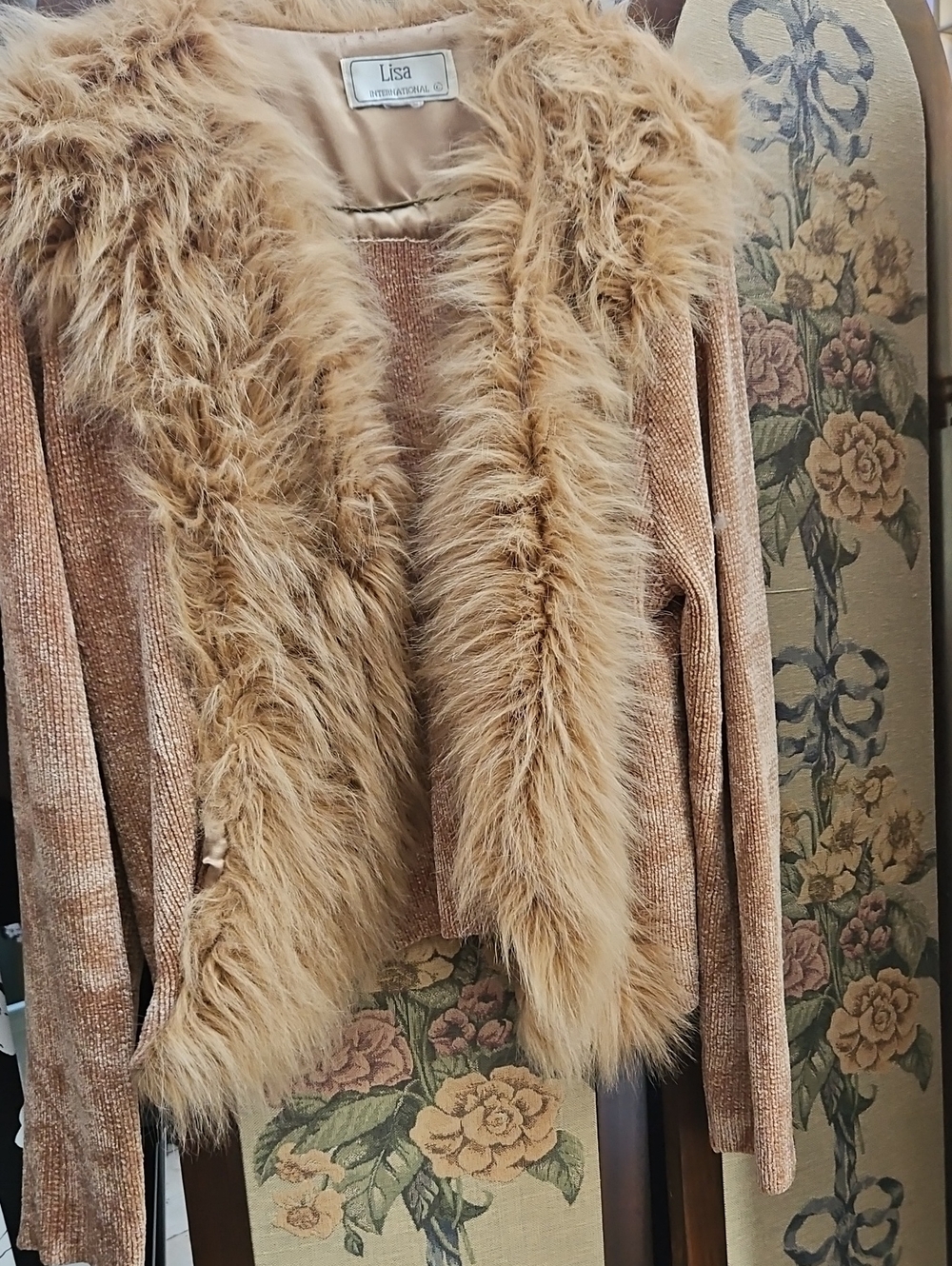 Lisa International Champagne-Tan Faux Fur Trim Teddy Jacket